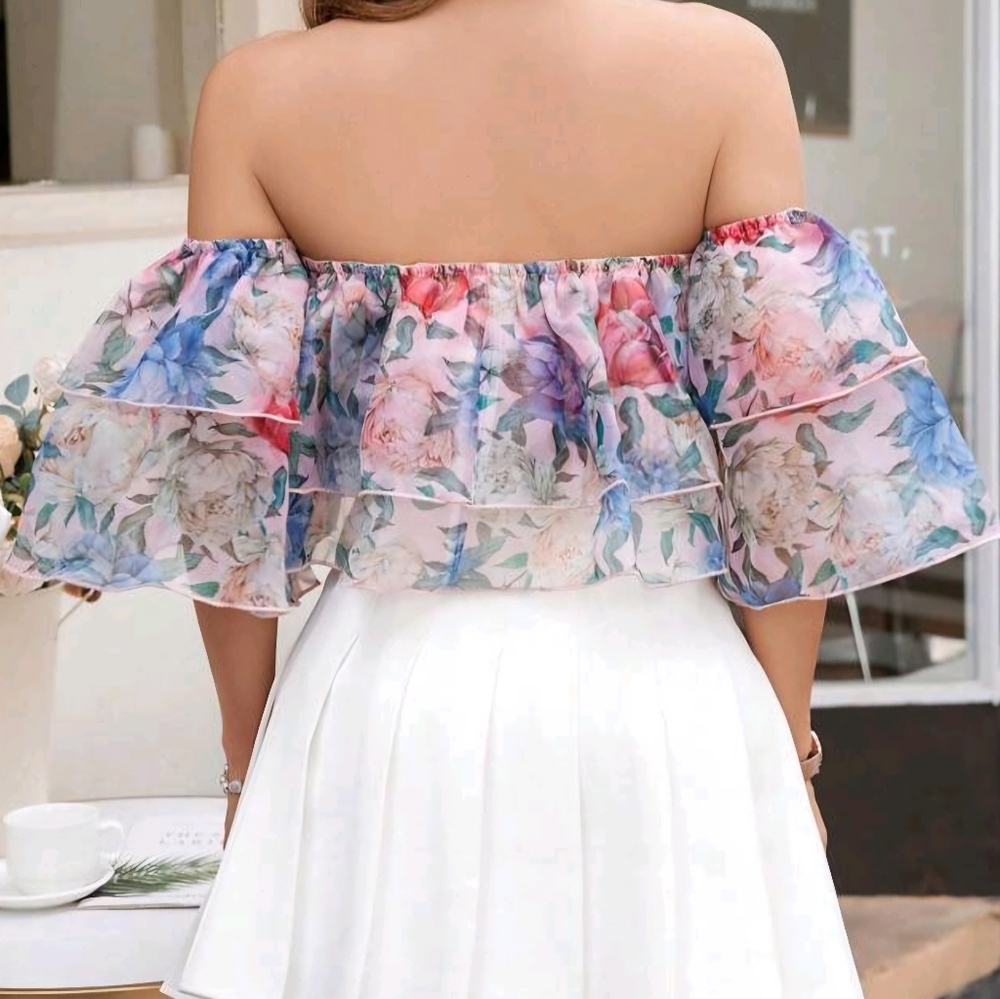 Shoulder Off Flower Crop Top - Picture 2 of 2